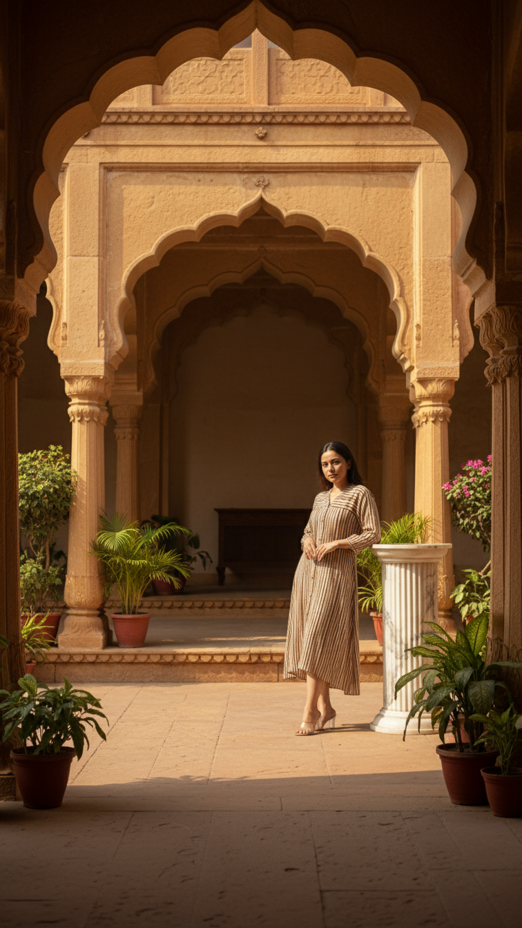 Stripe Ajrakh cotton dress with pockets