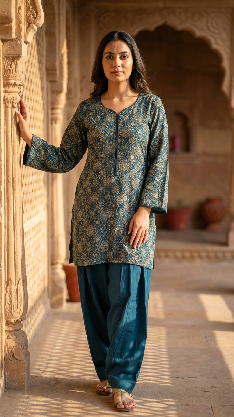 Handblock Silk Modal Printed Kurti with farshi salwar
