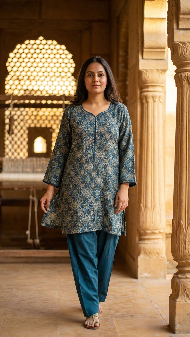 Handblock Silk Modal Printed Kurti with farshi salwar