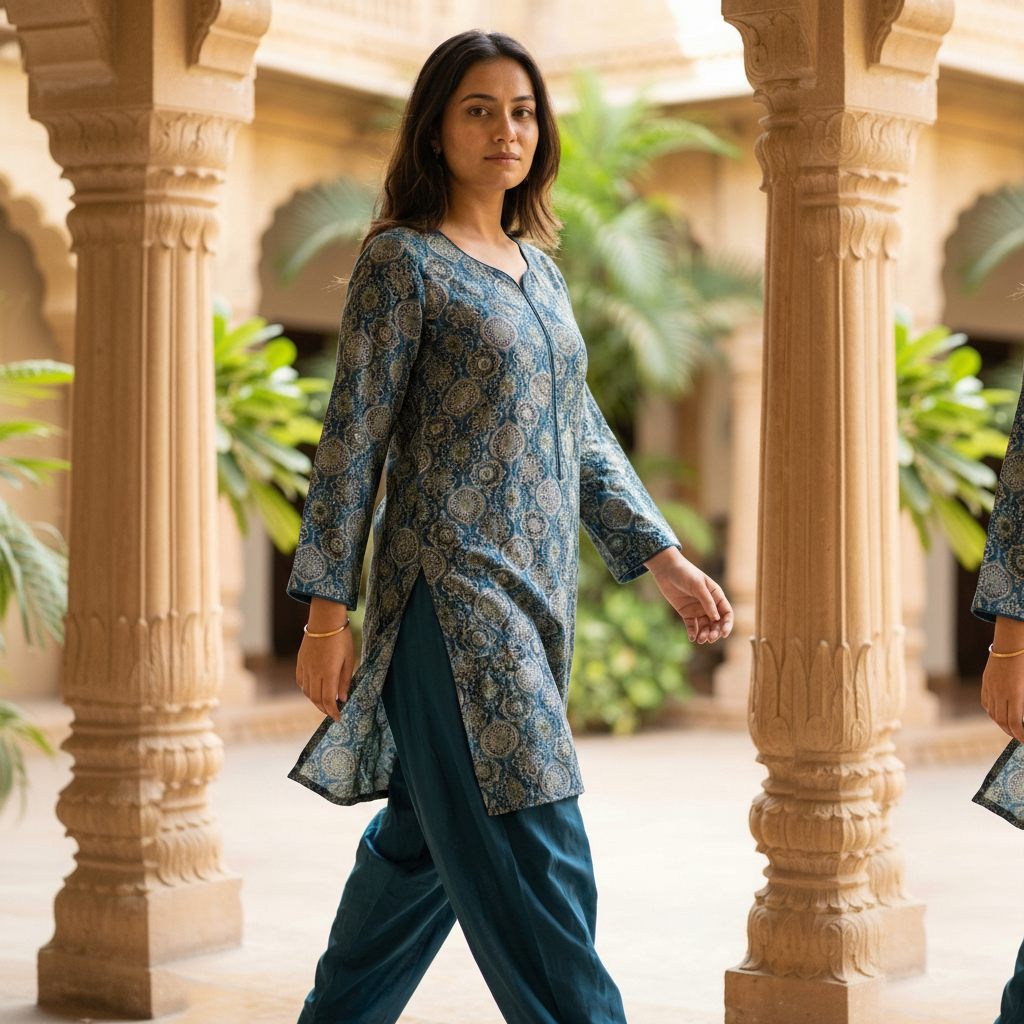 Handblock Silk Modal Printed Kurti with farshi salwar
