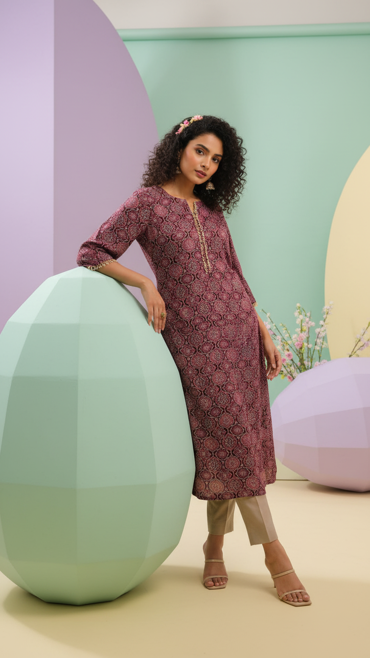 Handblock Silk Modal Printed Kurti with lining