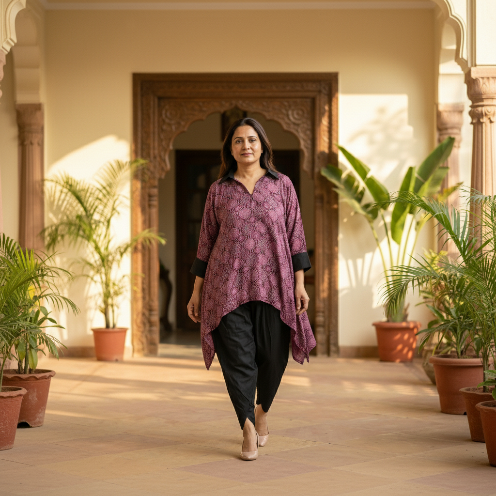 Handblock Silk Modal Printed Kaftan with tulip pants