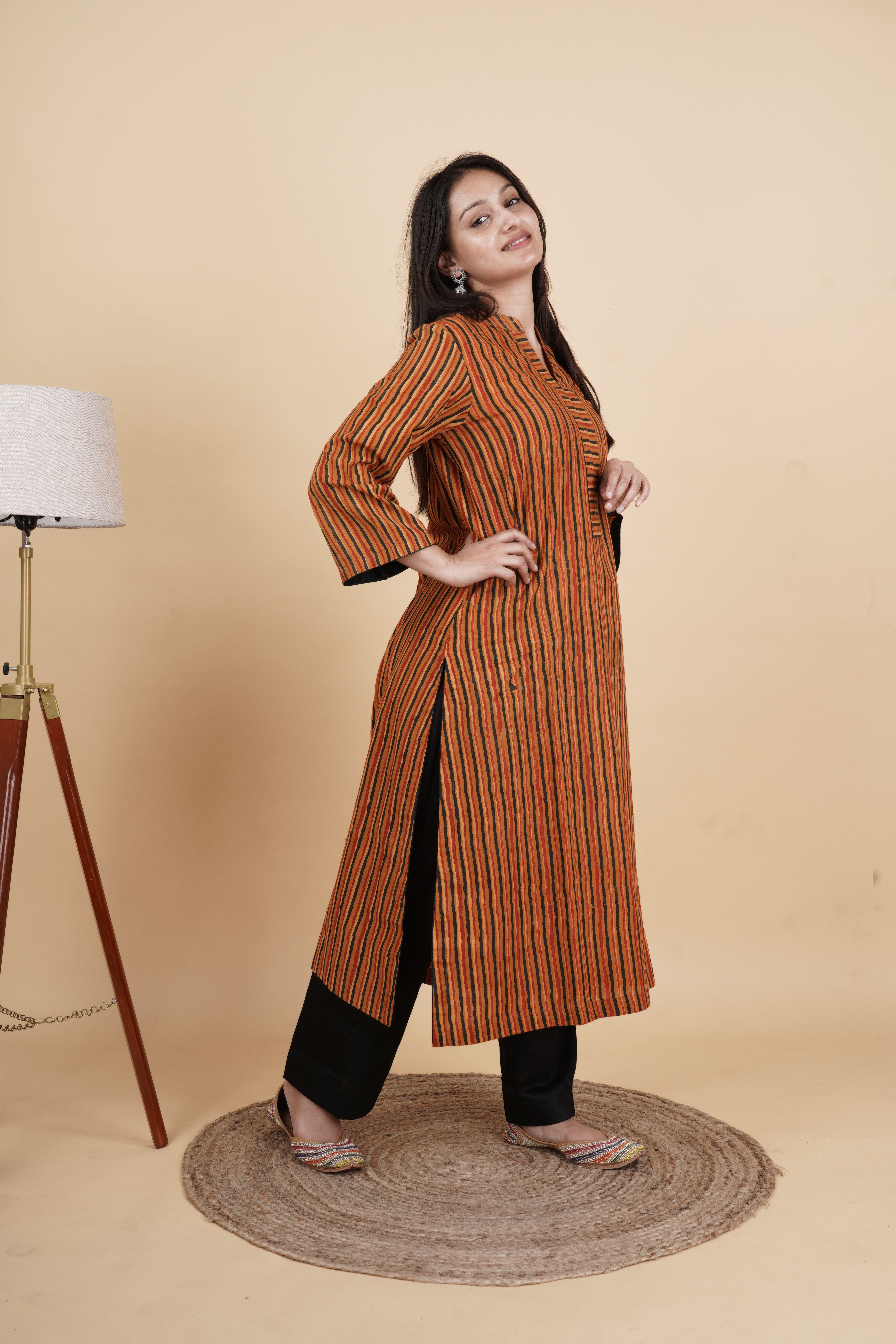 Prakriti-Striped cotton Kurta Set in vanaspati ajrakh