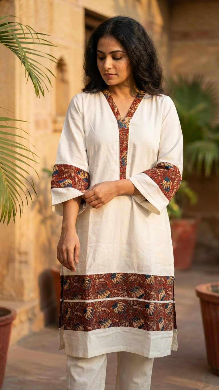 Aaranya Handcrafted Cotton Kurta with kalamkari patch