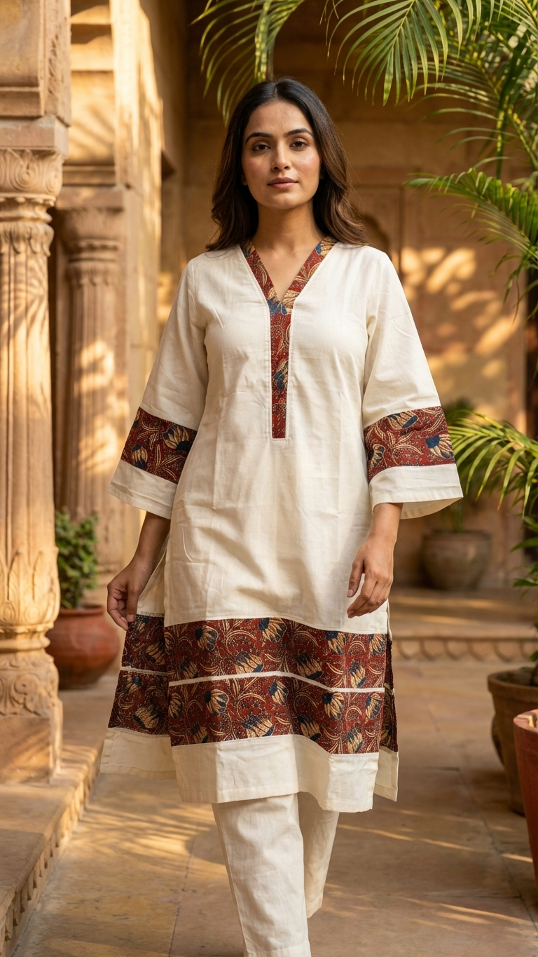 Aaranya Handcrafted Cotton Kurta with kalamkari patch