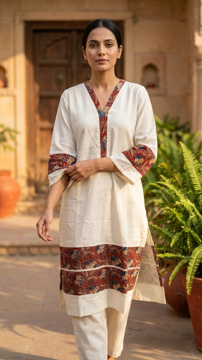Aaranya Handcrafted Cotton Kurta with kalamkari patch
